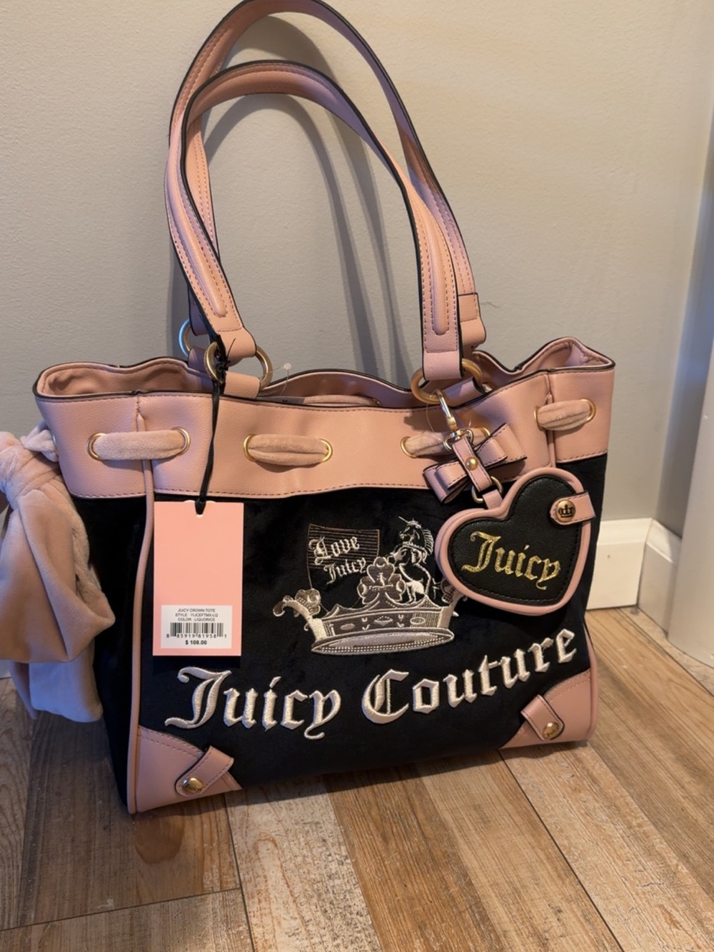 Juicy Couture Liquorice Black Velour Crown Tote Bag